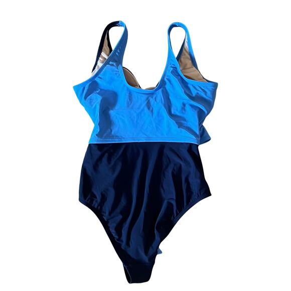 Kona Sol Women’s One Piece Swimsuit Size L Blue Wrap Tie Belted Tummy Control - Picture 3 of 6